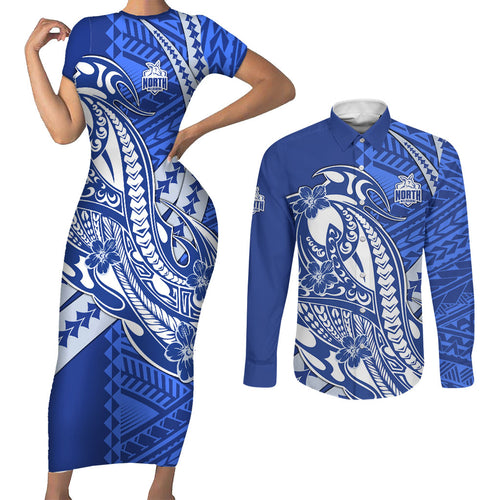Personalized North Melbourne Kangaroos Couples Matching Short Sleeve Bodycon Dress and Long Sleeve Button Shirt Polynesian Tribal Kangaroo Mascot With Hibiscus Floral Art