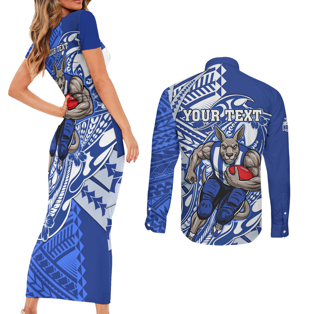 Personalized North Melbourne Kangaroos Couples Matching Short Sleeve Bodycon Dress and Long Sleeve Button Shirt Polynesian Tribal Kangaroo Mascot With Hibiscus Floral Art