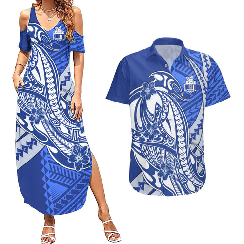 Personalized North Melbourne Kangaroos Couples Matching Summer Maxi Dress and Hawaiian Shirt Polynesian Tribal Kangaroo Mascot With Hibiscus Floral Art