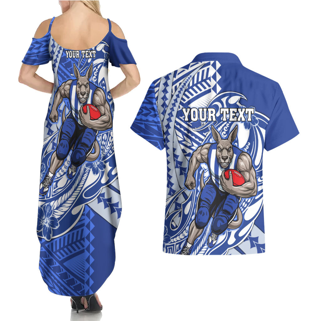 Personalized North Melbourne Kangaroos Couples Matching Summer Maxi Dress and Hawaiian Shirt Polynesian Tribal Kangaroo Mascot With Hibiscus Floral Art