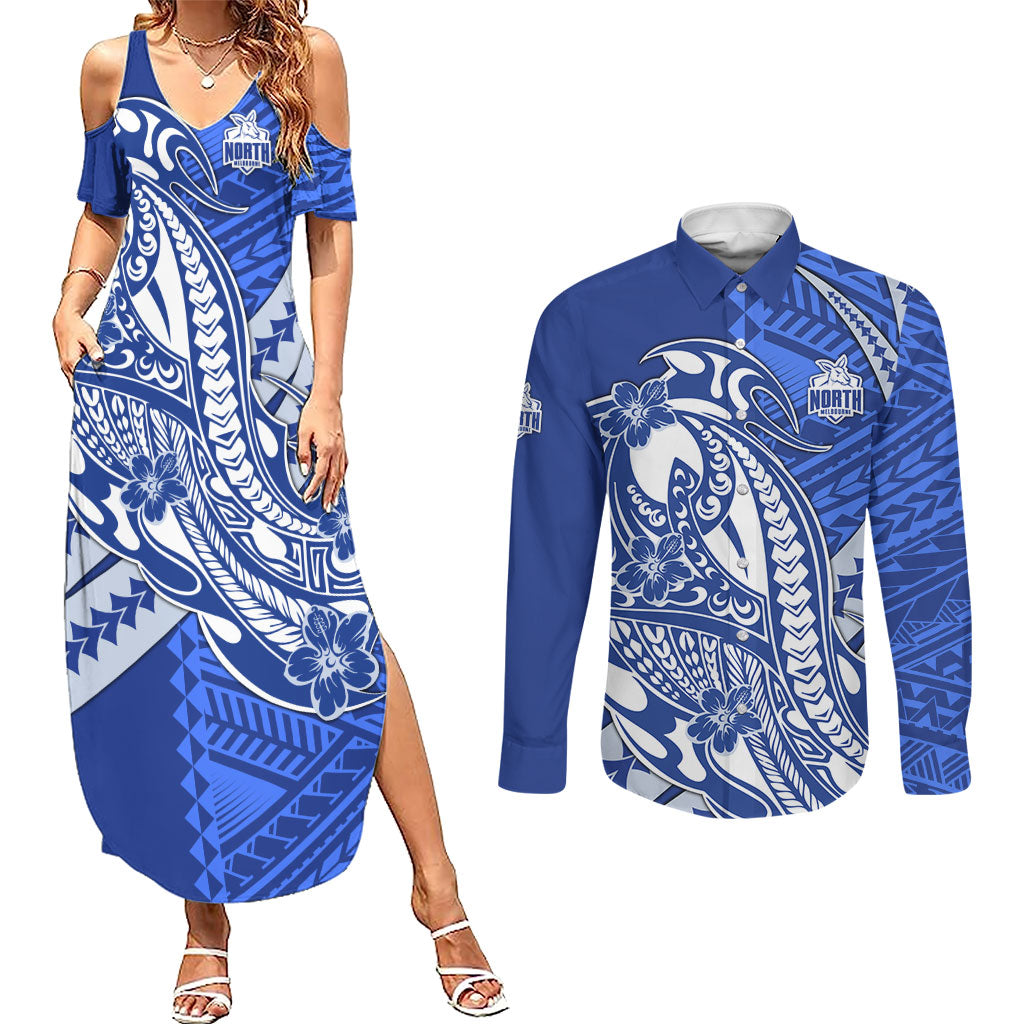 Personalized North Melbourne Kangaroos Couples Matching Summer Maxi Dress and Long Sleeve Button Shirt Polynesian Tribal Kangaroo Mascot With Hibiscus Floral Art