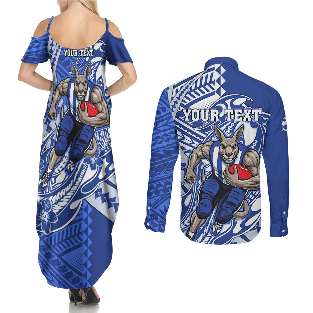 Personalized North Melbourne Kangaroos Couples Matching Summer Maxi Dress and Long Sleeve Button Shirt Polynesian Tribal Kangaroo Mascot With Hibiscus Floral Art