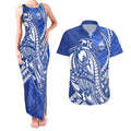 Personalized North Melbourne Kangaroos Couples Matching Tank Maxi Dress and Hawaiian Shirt Polynesian Tribal Kangaroo Mascot With Hibiscus Floral Art