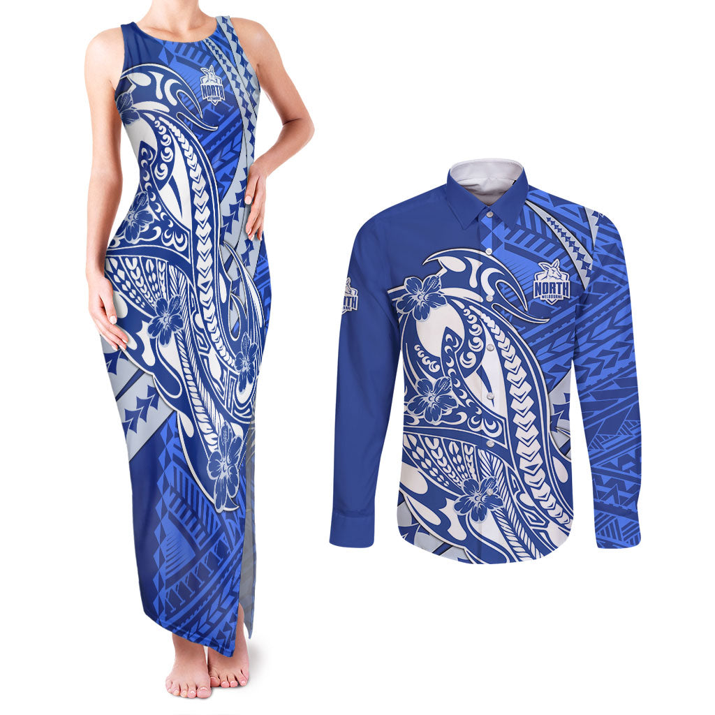 Personalized North Melbourne Kangaroos Couples Matching Tank Maxi Dress and Long Sleeve Button Shirt Polynesian Tribal Kangaroo Mascot With Hibiscus Floral Art
