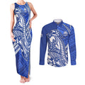 Personalized North Melbourne Kangaroos Couples Matching Tank Maxi Dress and Long Sleeve Button Shirt Polynesian Tribal Kangaroo Mascot With Hibiscus Floral Art