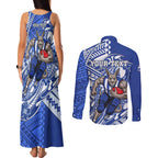 Personalized North Melbourne Kangaroos Couples Matching Tank Maxi Dress and Long Sleeve Button Shirt Polynesian Tribal Kangaroo Mascot With Hibiscus Floral Art