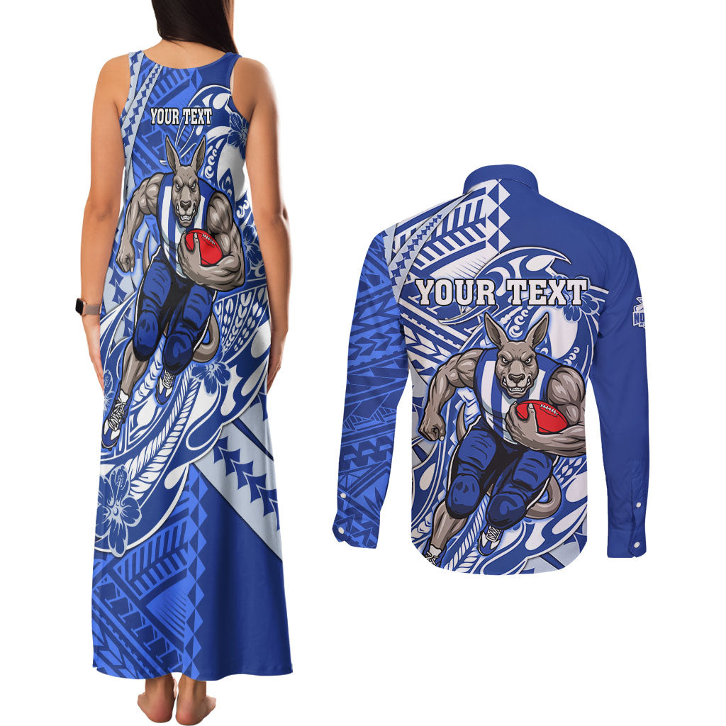 Personalized North Melbourne Kangaroos Couples Matching Tank Maxi Dress and Long Sleeve Button Shirt Polynesian Tribal Kangaroo Mascot With Hibiscus Floral Art