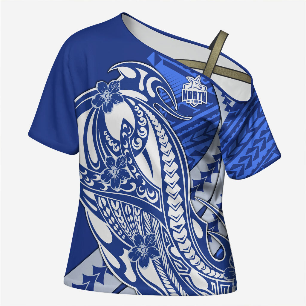Personalized North Melbourne Kangaroos Cross Shoulder Shirt Polynesian Tribal Kangaroo Mascot With Hibiscus Floral Art
