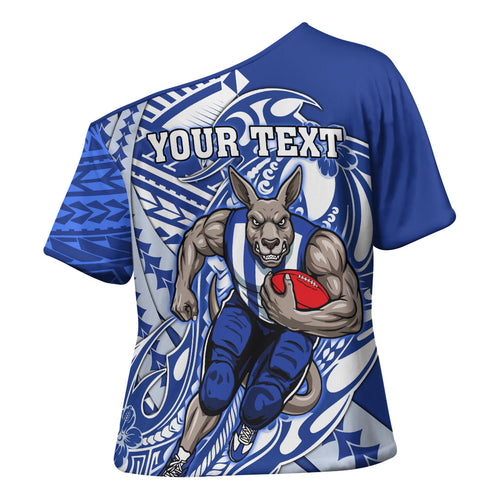 Personalized North Melbourne Kangaroos Cross Shoulder Shirt Polynesian Tribal Kangaroo Mascot With Hibiscus Floral Art