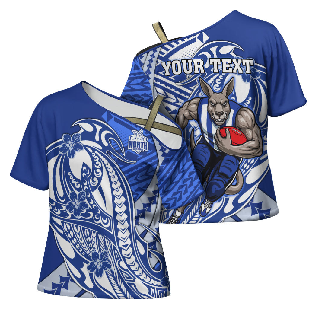 Personalized North Melbourne Kangaroos Cross Shoulder Shirt Polynesian Tribal Kangaroo Mascot With Hibiscus Floral Art