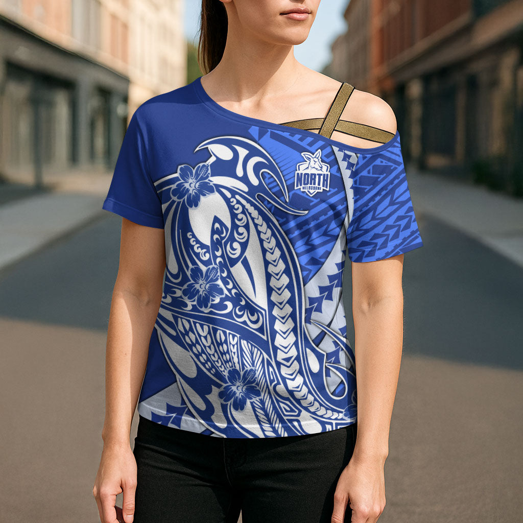 Personalized North Melbourne Kangaroos Cross Shoulder Shirt Polynesian Tribal Kangaroo Mascot With Hibiscus Floral Art