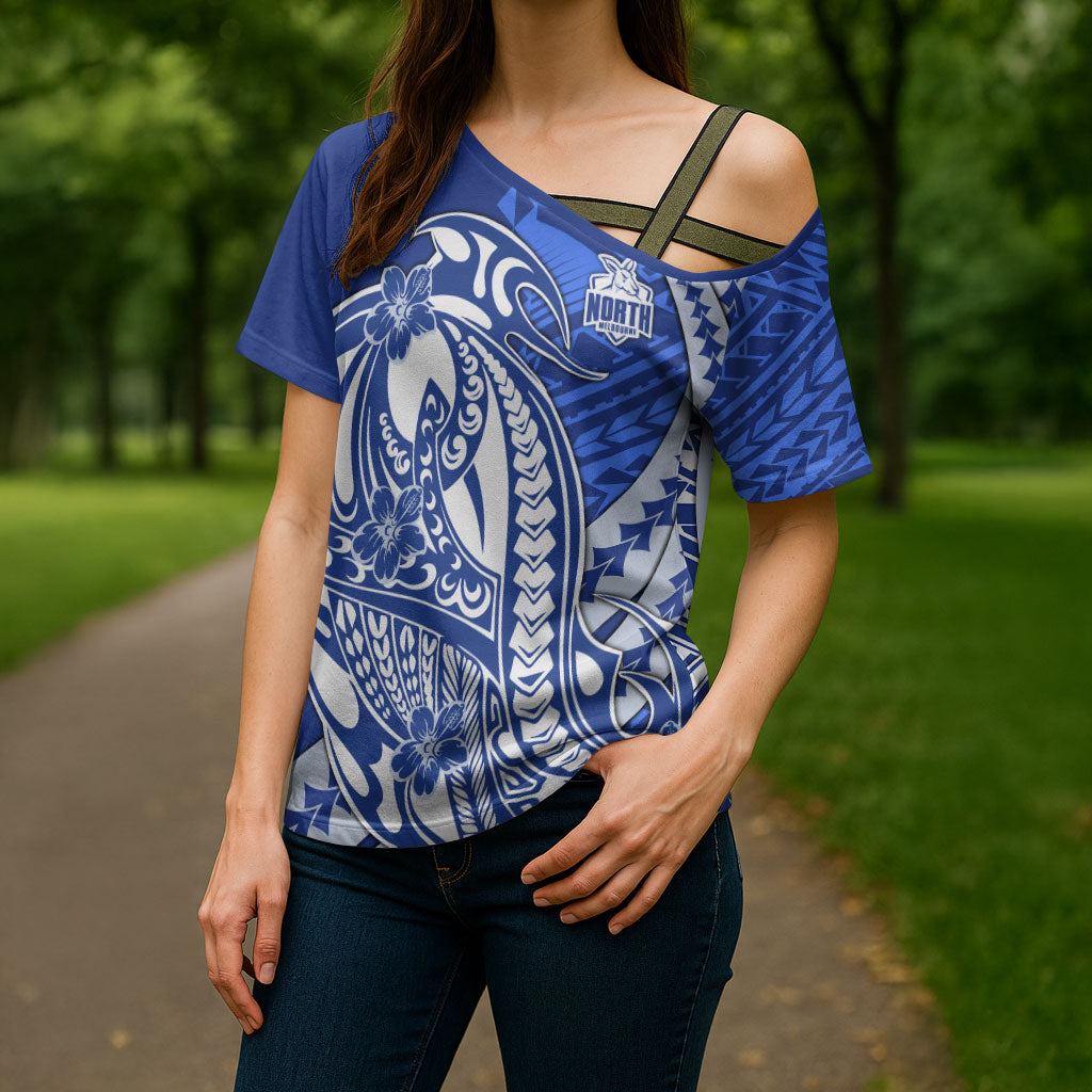 Personalized North Melbourne Kangaroos Cross Shoulder Shirt Polynesian Tribal Kangaroo Mascot With Hibiscus Floral Art