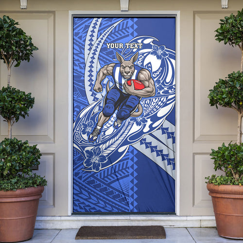 Personalized North Melbourne Kangaroos Door Cover Polynesian Tribal Kangaroo Mascot With Hibiscus Floral Art