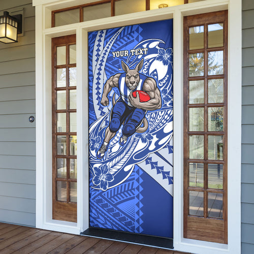 Personalized North Melbourne Kangaroos Door Cover Polynesian Tribal Kangaroo Mascot With Hibiscus Floral Art