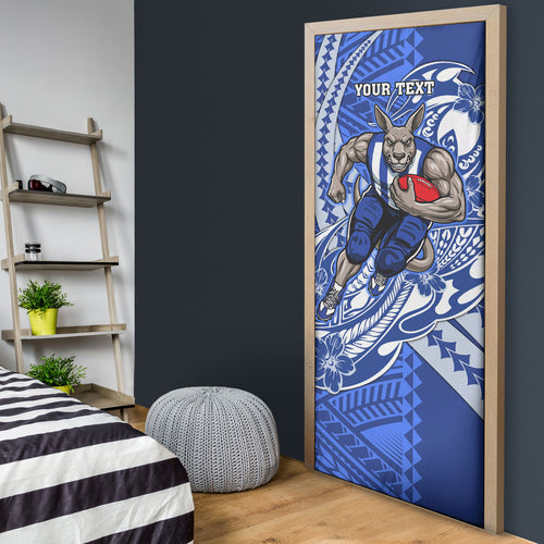 Personalized North Melbourne Kangaroos Door Cover Polynesian Tribal Kangaroo Mascot With Hibiscus Floral Art