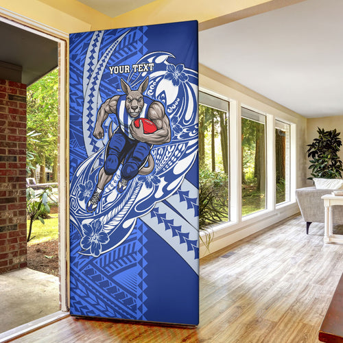 Personalized North Melbourne Kangaroos Door Cover Polynesian Tribal Kangaroo Mascot With Hibiscus Floral Art
