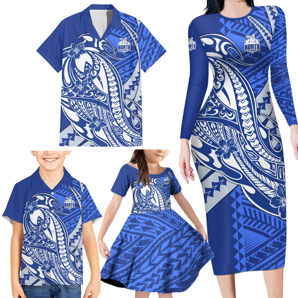 Personalized North Melbourne Kangaroos Family Matching Long Sleeve Bodycon Dress and Hawaiian Shirt Polynesian Tribal Kangaroo Mascot With Hibiscus Floral Art