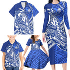 Personalized North Melbourne Kangaroos Family Matching Long Sleeve Bodycon Dress and Hawaiian Shirt Polynesian Tribal Kangaroo Mascot With Hibiscus Floral Art