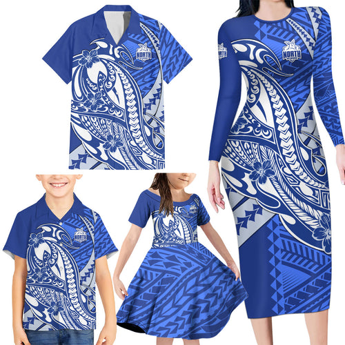 Personalized North Melbourne Kangaroos Family Matching Long Sleeve Bodycon Dress and Hawaiian Shirt Polynesian Tribal Kangaroo Mascot With Hibiscus Floral Art