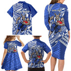 Personalized North Melbourne Kangaroos Family Matching Long Sleeve Bodycon Dress and Hawaiian Shirt Polynesian Tribal Kangaroo Mascot With Hibiscus Floral Art