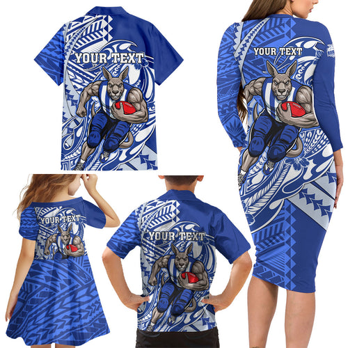 Personalized North Melbourne Kangaroos Family Matching Long Sleeve Bodycon Dress and Hawaiian Shirt Polynesian Tribal Kangaroo Mascot With Hibiscus Floral Art