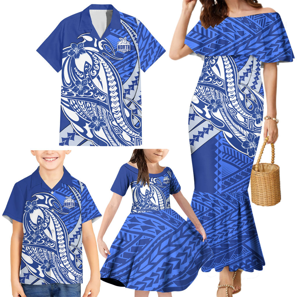 Personalized North Melbourne Kangaroos Family Matching Mermaid Dress and Hawaiian Shirt Polynesian Tribal Kangaroo Mascot With Hibiscus Floral Art