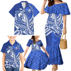 Personalized North Melbourne Kangaroos Family Matching Mermaid Dress and Hawaiian Shirt Polynesian Tribal Kangaroo Mascot With Hibiscus Floral Art