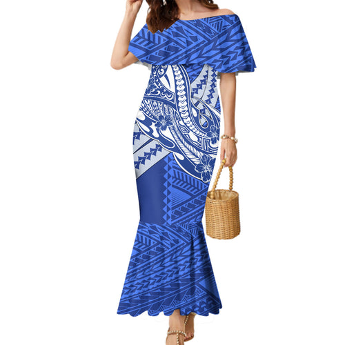 Personalized North Melbourne Kangaroos Family Matching Mermaid Dress and Hawaiian Shirt Polynesian Tribal Kangaroo Mascot With Hibiscus Floral Art