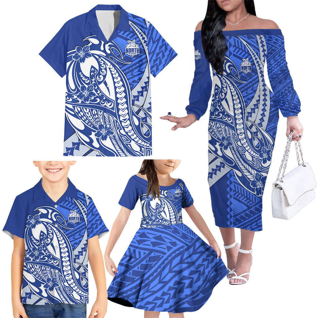 Personalized North Melbourne Kangaroos Family Matching Off The Shoulder Long Sleeve Dress and Hawaiian Shirt Polynesian Tribal Kangaroo Mascot With Hibiscus Floral Art