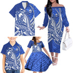Personalized North Melbourne Kangaroos Family Matching Off The Shoulder Long Sleeve Dress and Hawaiian Shirt Polynesian Tribal Kangaroo Mascot With Hibiscus Floral Art