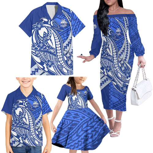 Personalized North Melbourne Kangaroos Family Matching Off The Shoulder Long Sleeve Dress and Hawaiian Shirt Polynesian Tribal Kangaroo Mascot With Hibiscus Floral Art