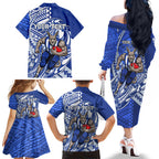 Personalized North Melbourne Kangaroos Family Matching Off The Shoulder Long Sleeve Dress and Hawaiian Shirt Polynesian Tribal Kangaroo Mascot With Hibiscus Floral Art