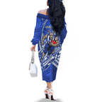 Personalized North Melbourne Kangaroos Family Matching Off The Shoulder Long Sleeve Dress and Hawaiian Shirt Polynesian Tribal Kangaroo Mascot With Hibiscus Floral Art