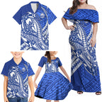 Personalized North Melbourne Kangaroos Family Matching Off Shoulder Maxi Dress and Hawaiian Shirt Polynesian Tribal Kangaroo Mascot With Hibiscus Floral Art