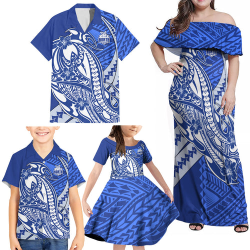 Personalized North Melbourne Kangaroos Family Matching Off Shoulder Maxi Dress and Hawaiian Shirt Polynesian Tribal Kangaroo Mascot With Hibiscus Floral Art