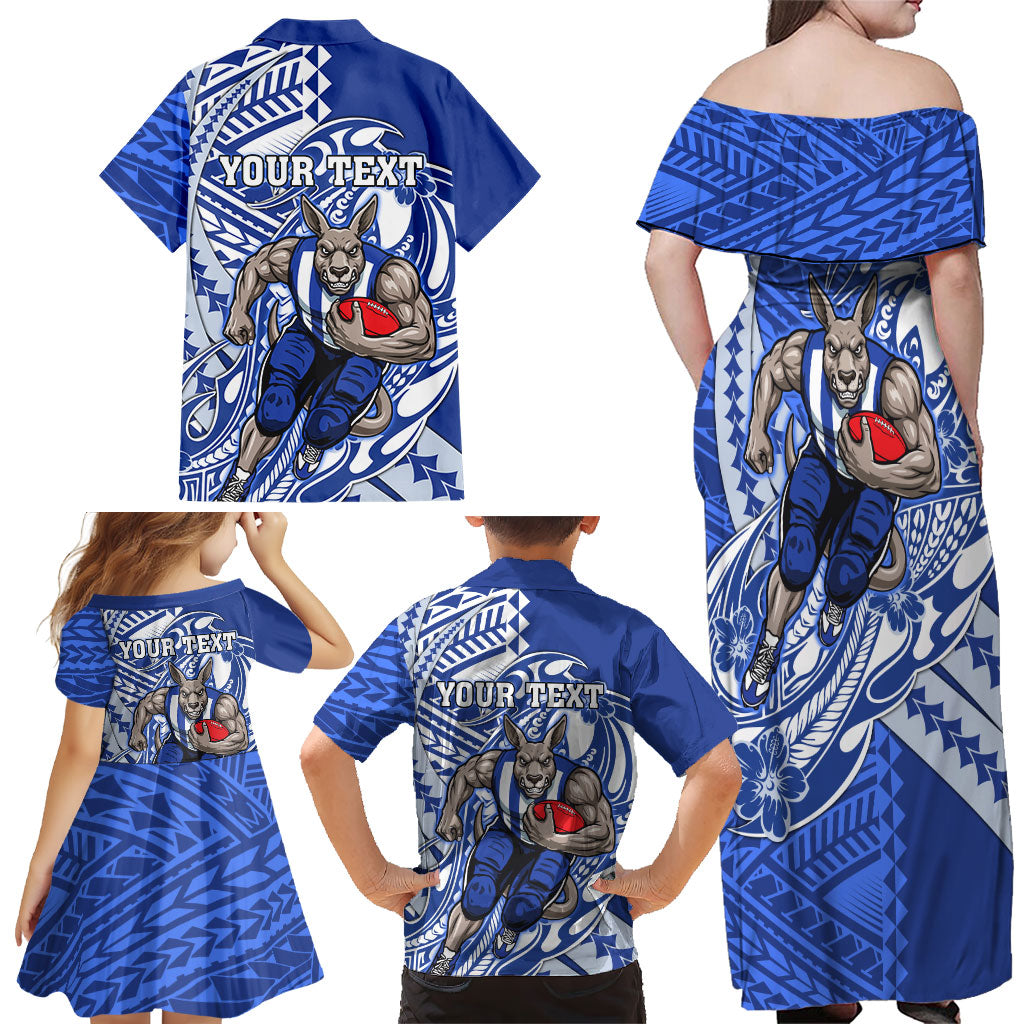 Personalized North Melbourne Kangaroos Family Matching Off Shoulder Maxi Dress and Hawaiian Shirt Polynesian Tribal Kangaroo Mascot With Hibiscus Floral Art