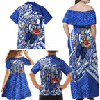 Personalized North Melbourne Kangaroos Family Matching Off Shoulder Maxi Dress and Hawaiian Shirt Polynesian Tribal Kangaroo Mascot With Hibiscus Floral Art