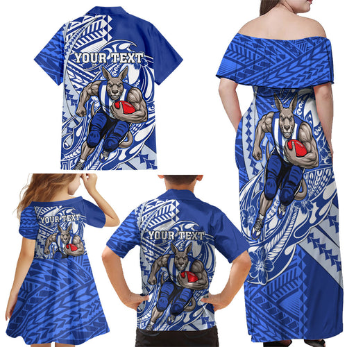 Personalized North Melbourne Kangaroos Family Matching Off Shoulder Maxi Dress and Hawaiian Shirt Polynesian Tribal Kangaroo Mascot With Hibiscus Floral Art