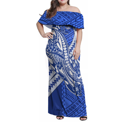 Personalized North Melbourne Kangaroos Family Matching Off Shoulder Maxi Dress and Hawaiian Shirt Polynesian Tribal Kangaroo Mascot With Hibiscus Floral Art