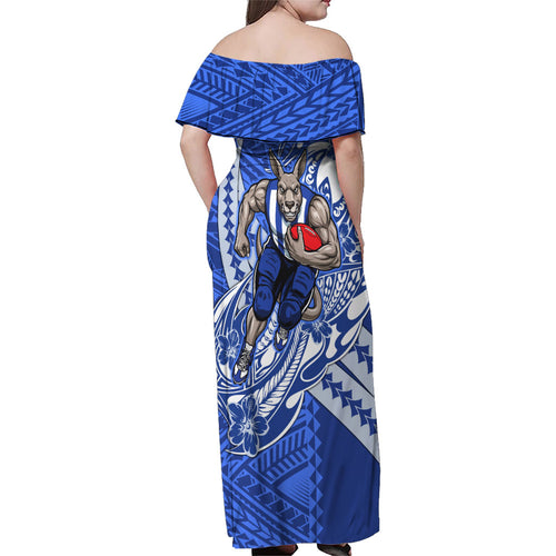 Personalized North Melbourne Kangaroos Family Matching Off Shoulder Maxi Dress and Hawaiian Shirt Polynesian Tribal Kangaroo Mascot With Hibiscus Floral Art