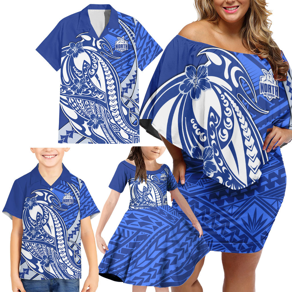 Personalized North Melbourne Kangaroos Family Matching Off Shoulder Short Dress and Hawaiian Shirt Polynesian Tribal Kangaroo Mascot With Hibiscus Floral Art