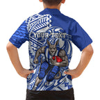 Personalized North Melbourne Kangaroos Family Matching Off Shoulder Short Dress and Hawaiian Shirt Polynesian Tribal Kangaroo Mascot With Hibiscus Floral Art