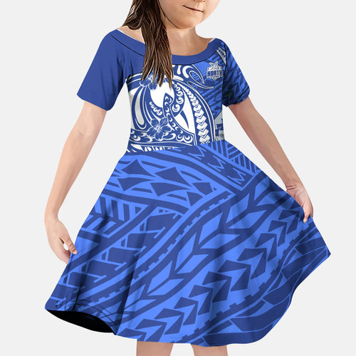 Personalized North Melbourne Kangaroos Family Matching Off Shoulder Short Dress and Hawaiian Shirt Polynesian Tribal Kangaroo Mascot With Hibiscus Floral Art