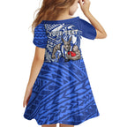 Personalized North Melbourne Kangaroos Family Matching Off Shoulder Short Dress and Hawaiian Shirt Polynesian Tribal Kangaroo Mascot With Hibiscus Floral Art