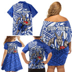 Personalized North Melbourne Kangaroos Family Matching Off Shoulder Short Dress and Hawaiian Shirt Polynesian Tribal Kangaroo Mascot With Hibiscus Floral Art