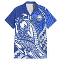 Personalized North Melbourne Kangaroos Family Matching Off Shoulder Short Dress and Hawaiian Shirt Polynesian Tribal Kangaroo Mascot With Hibiscus Floral Art