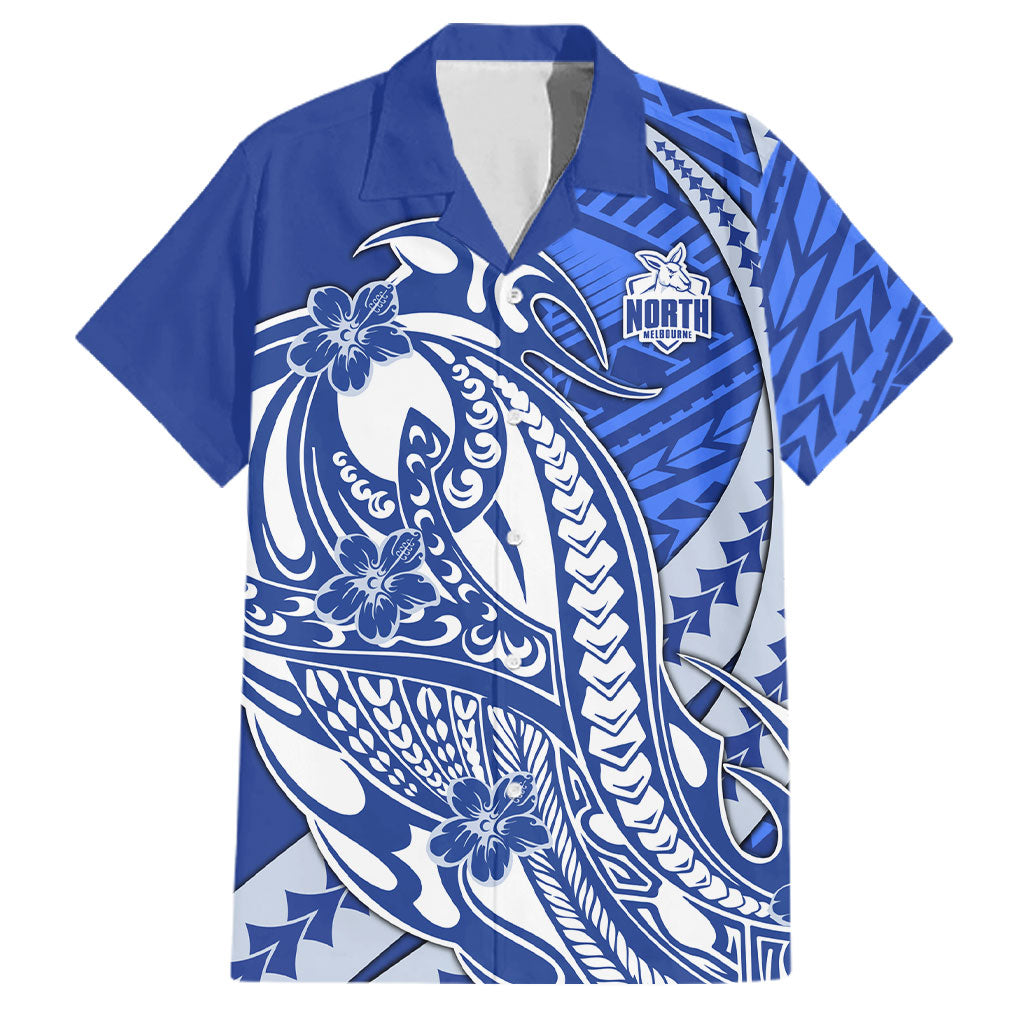 Personalized North Melbourne Kangaroos Family Matching Off Shoulder Short Dress and Hawaiian Shirt Polynesian Tribal Kangaroo Mascot With Hibiscus Floral Art