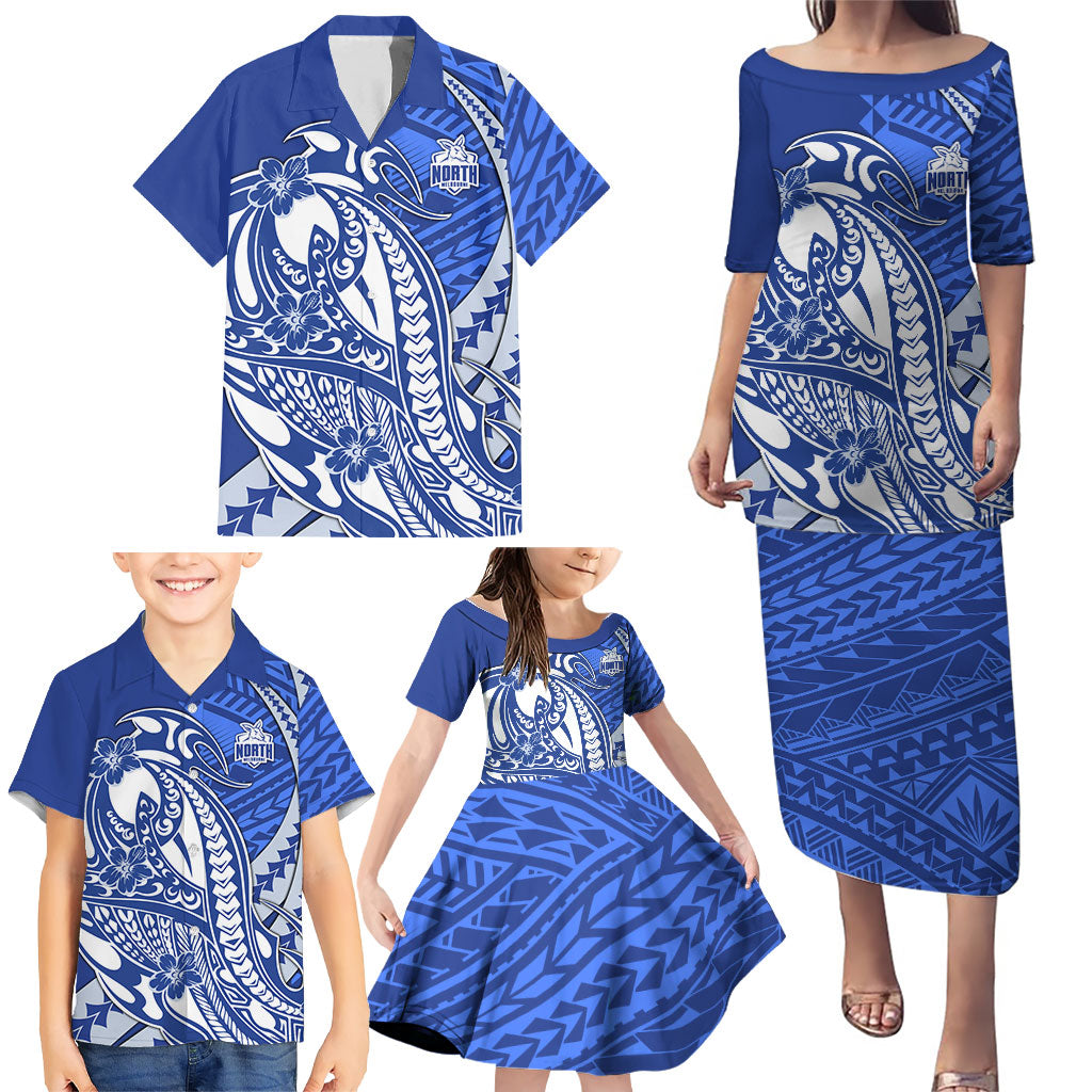 Personalized North Melbourne Kangaroos Family Matching Puletasi and Hawaiian Shirt Polynesian Tribal Kangaroo Mascot With Hibiscus Floral Art