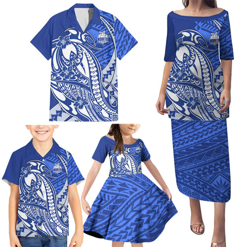 Personalized North Melbourne Kangaroos Family Matching Puletasi and Hawaiian Shirt Polynesian Tribal Kangaroo Mascot With Hibiscus Floral Art