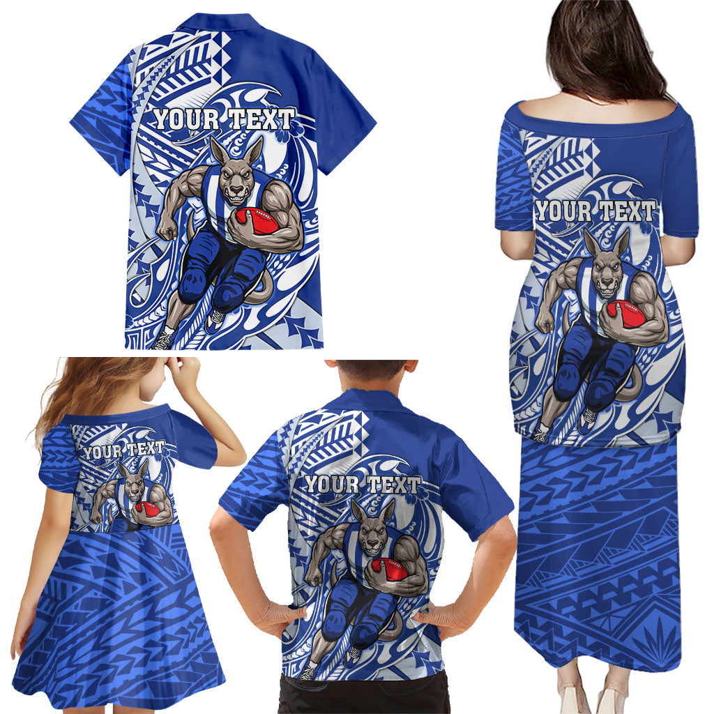 Personalized North Melbourne Kangaroos Family Matching Puletasi and Hawaiian Shirt Polynesian Tribal Kangaroo Mascot With Hibiscus Floral Art